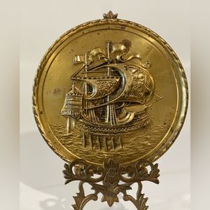Vintage Brass Gold Ship Decor plate